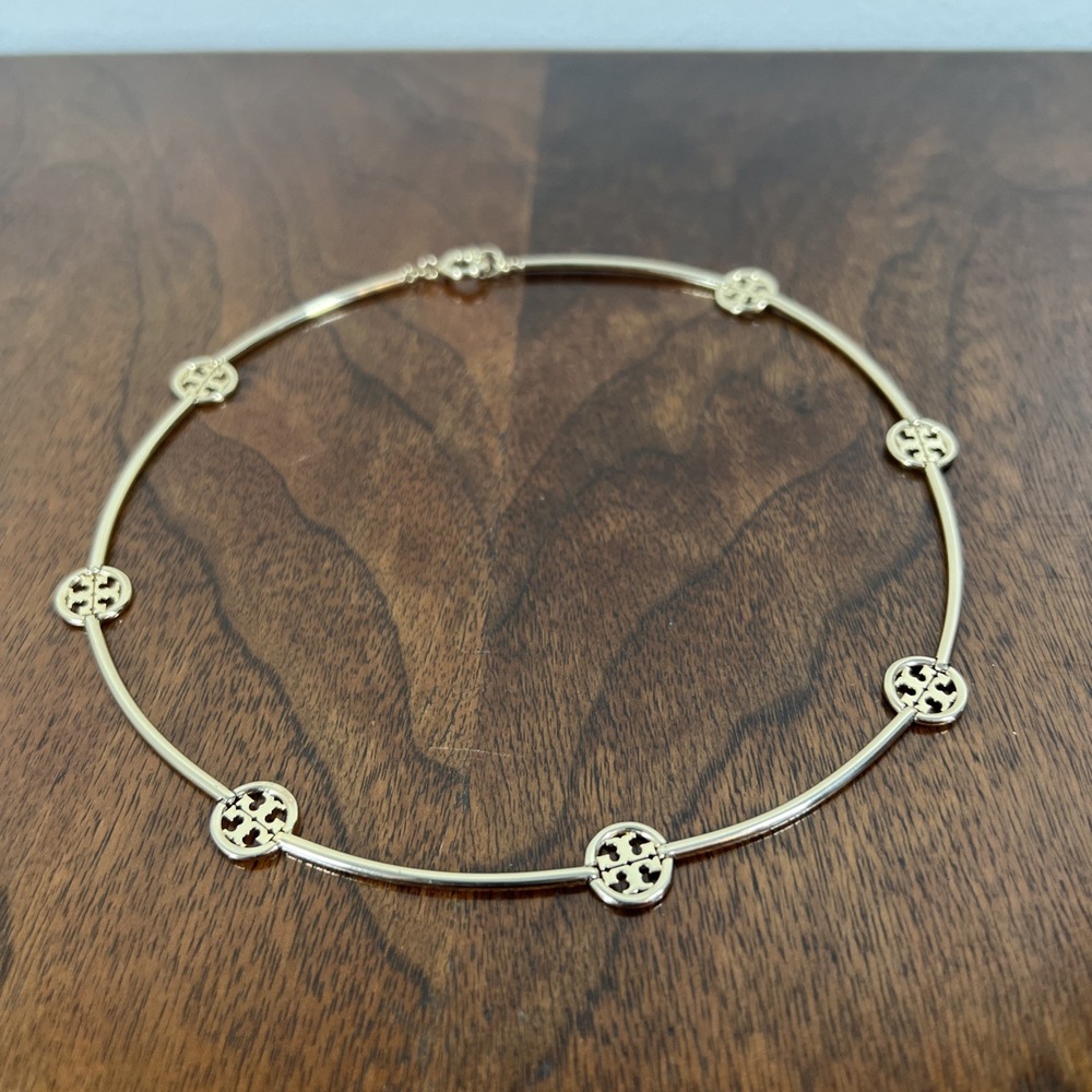 ⁠Tory Burch Miller Gold Collar Choker Necklace Double T Logo Station Minimalist